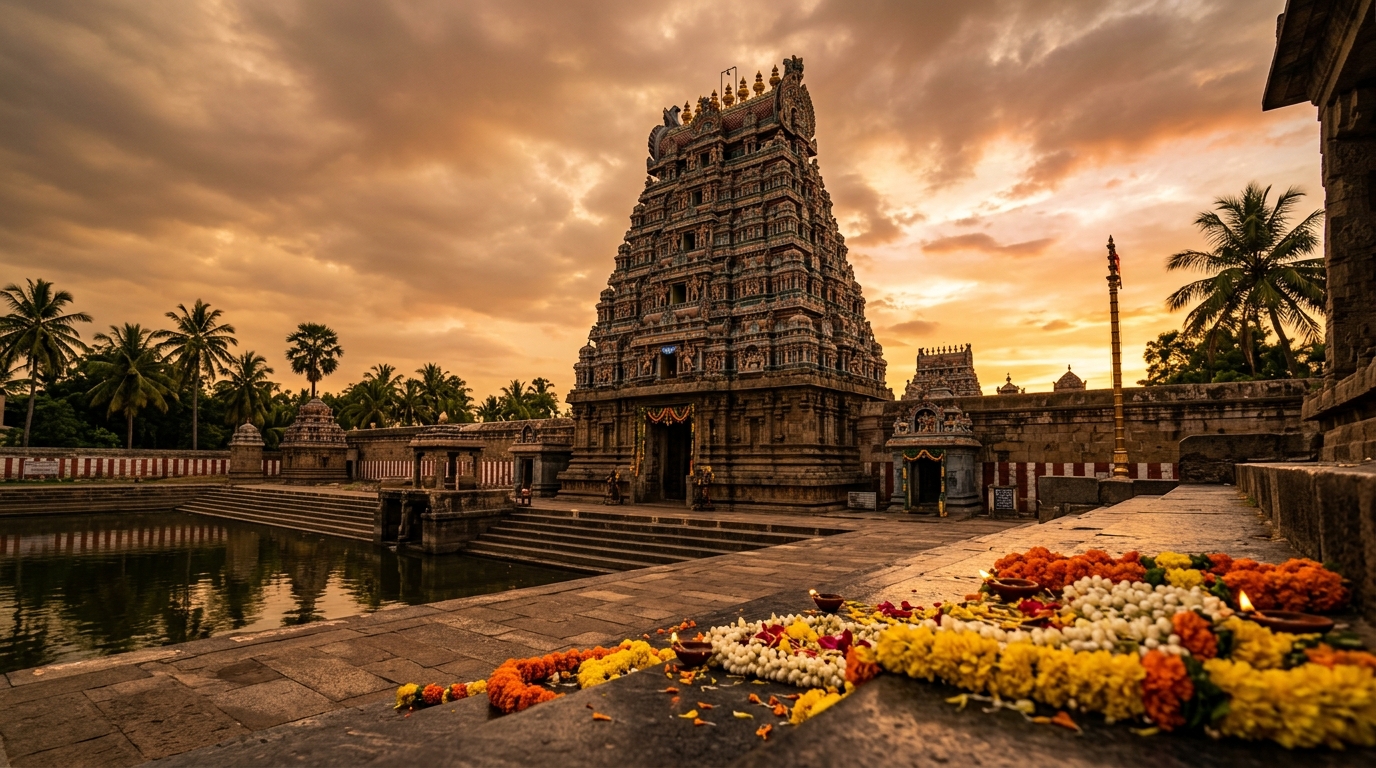 Thirukadaiyur temple gopuram at golden hour with ceremonial flowers on stone steps